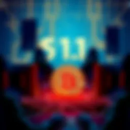 Visual representation of a 51% attack on Bitcoin, showing a group of hackers with computers targeting the Bitcoin network, highlighting the risk and impact on cryptocurrency.