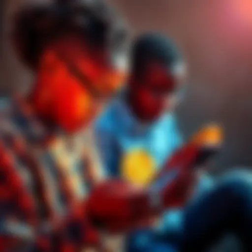 Young Africans exchanging Bitcoin on a mobile app, showcasing the rise of cryptocurrency over the dollar.