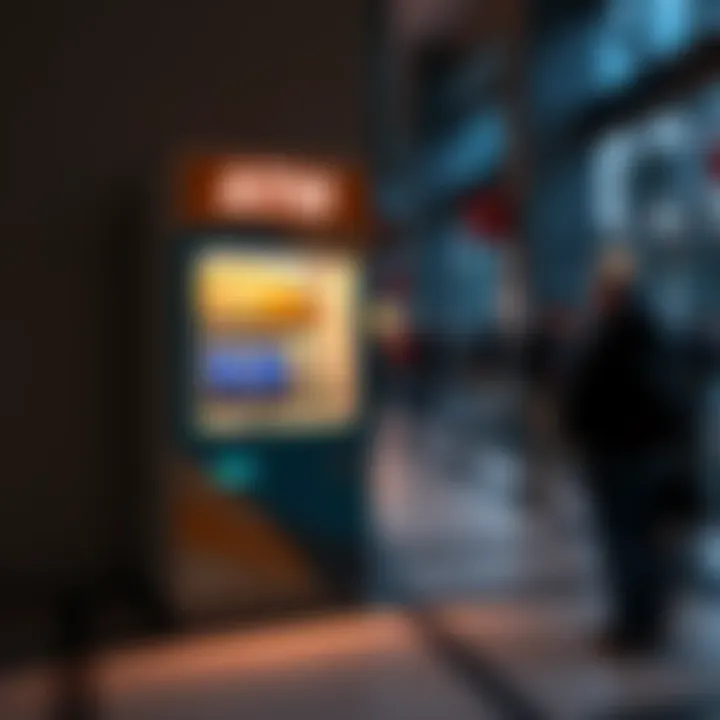 A Bitcoin ATM in a public area in Germany, showcasing the machine's screen and nearby people discussing crypto transactions.