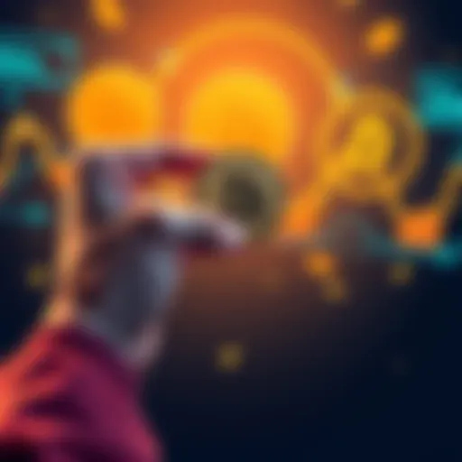 A person holding Bitcoin coins while considering a loan process, with graphics showing stablecoins and fiat currency in the background.