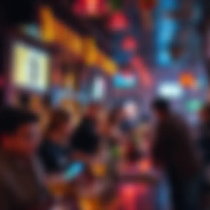 A lively Bitcoin bar filled with people socializing and using cryptocurrency on their devices