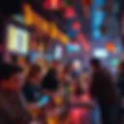 Bitcoin bar with patrons enjoying drinks A lively Bitcoin bar filled with people socializing and using cryptocurrency on their devices