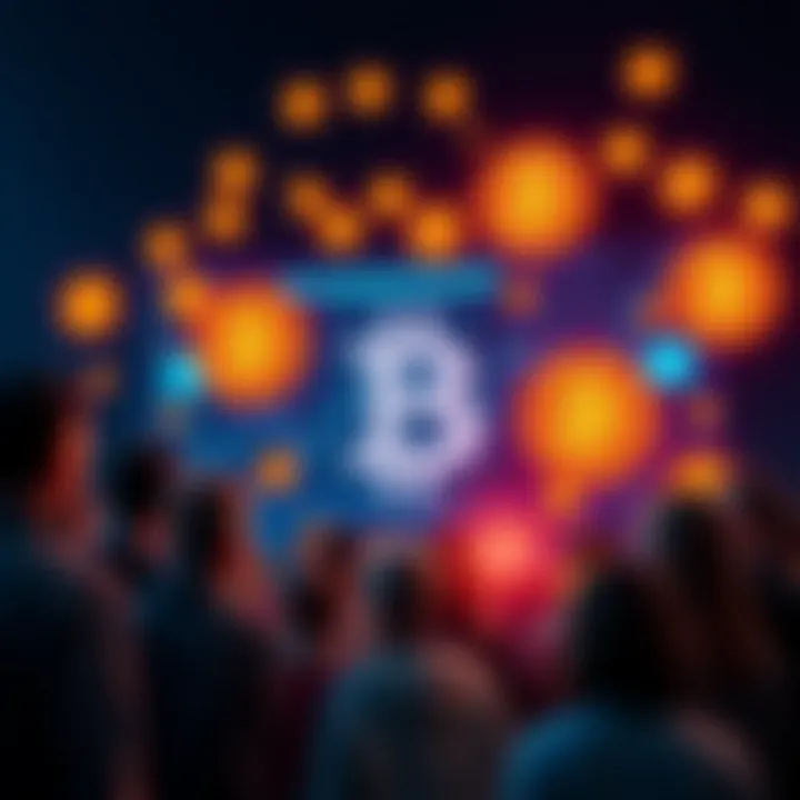 A group of people gathered around a digital screen displaying Bitcoin symbols, showing enthusiasm and investment interest.