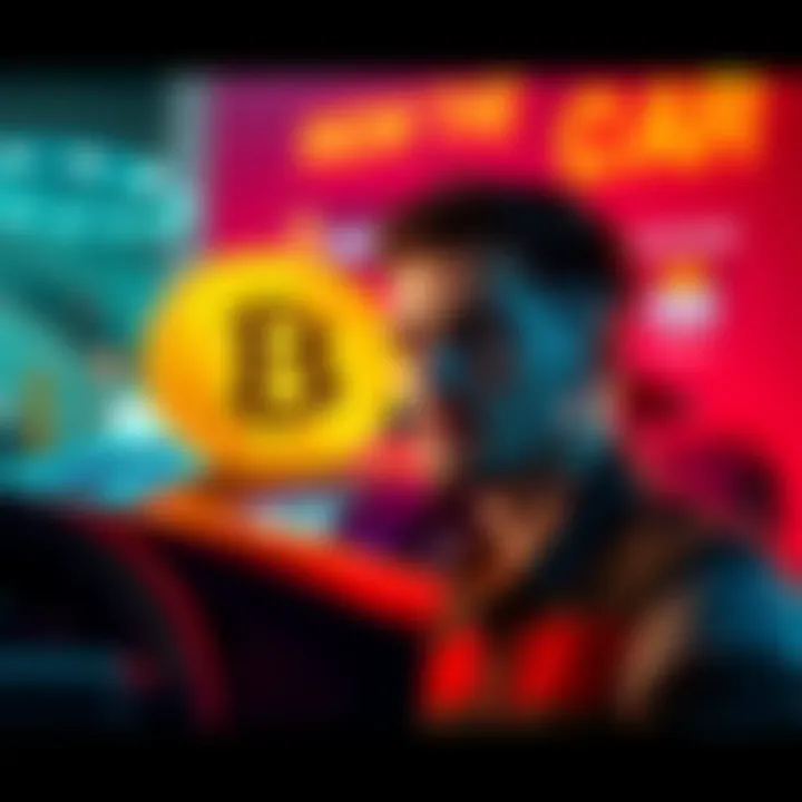 A person contemplating selling Bitcoin to buy a car, with a visual of Bitcoin and a car in the background.