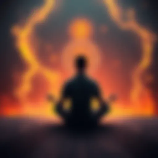 Bitcoin as a Catalyst for Change A person sitting cross-legged, meditating with a glowing Bitcoin symbol above them, representing personal transformation and new beliefs.