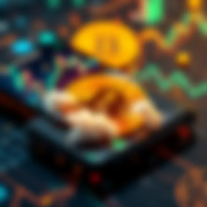 A visually striking representation of Bitcoin cloud mining on a smartphone with a digital backdrop of cryptocurrency symbols and graphs.