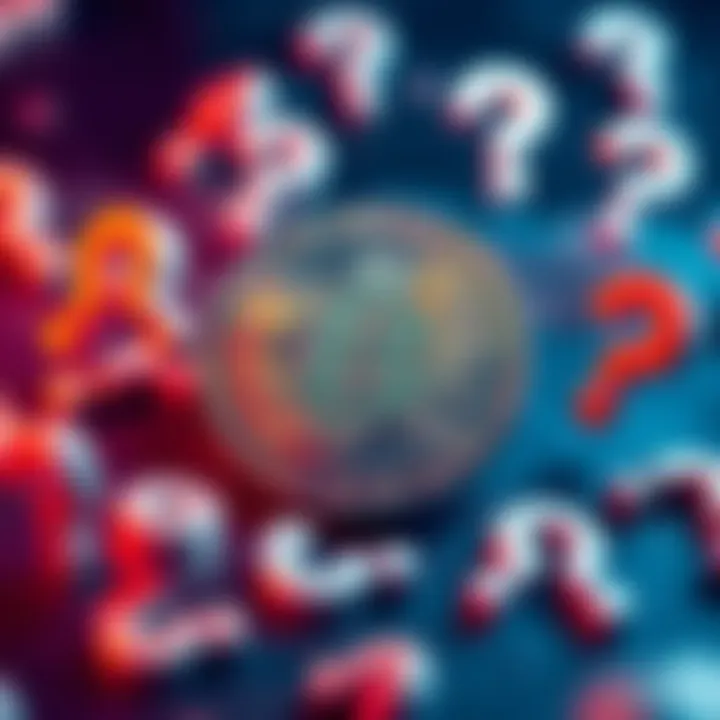 A Bitcoin coin surrounded by floating question marks, symbolizing doubt and uncertainty about its value and existence.