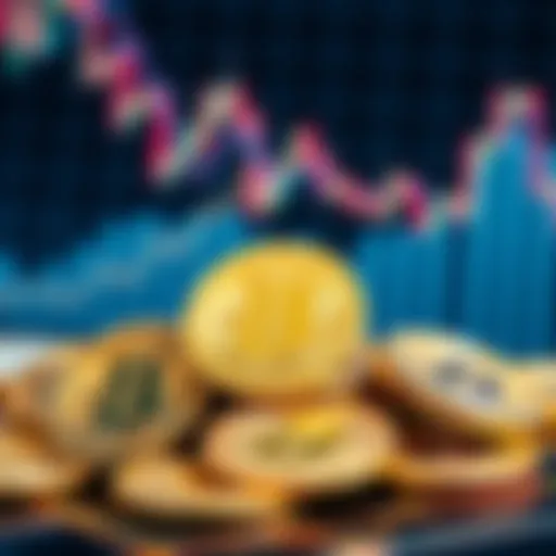 A close-up of Bitcoin coins with a financial graph in the background, representing its role in today's economy amid inflation and market changes.