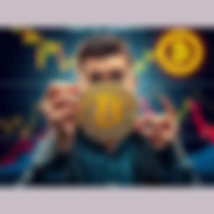 A person looking confused while holding a Bitcoin symbol, surrounded by charts showing declining trends.