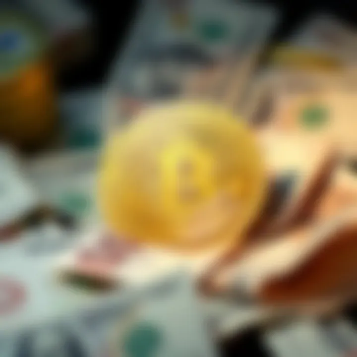 Bitcoin symbol representing currency A shiny Bitcoin symbol surrounded by traditional currency notes, symbolizing its dominance in the financial world.