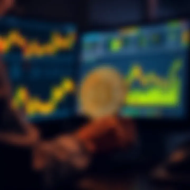 A person setting up automatic Bitcoin purchases on a computer with charts and graphs in the background