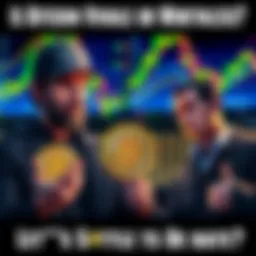 Bitcoin debate Two people discussing Bitcoin's value, one holding a Bitcoin symbol and the other with a skeptical expression, with a backdrop of financial charts.