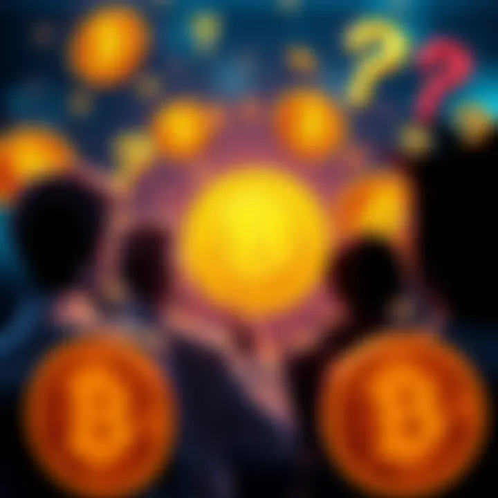 A group of people discussing claims about Bitcoin's inventor, surrounded by Bitcoin symbols and question marks.