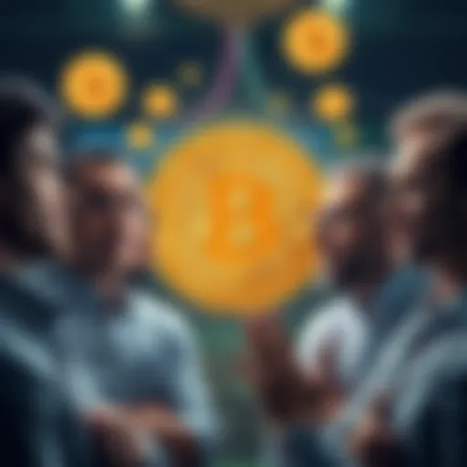 A group of people discussing Bitcoin's value and legitimacy, some looking skeptical while others appear enthusiastic, with Bitcoin symbols in the background.