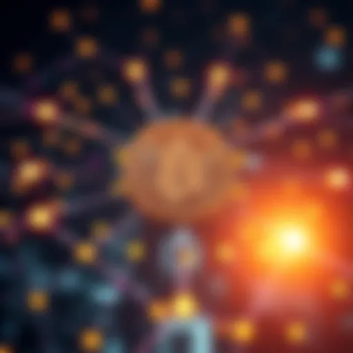 A visual representation of Bitcoin's decentralized structure featuring interconnected nodes without a central point, highlighting innovation and collaboration in cryptocurrency, with a Bitcoin symbol in the center.