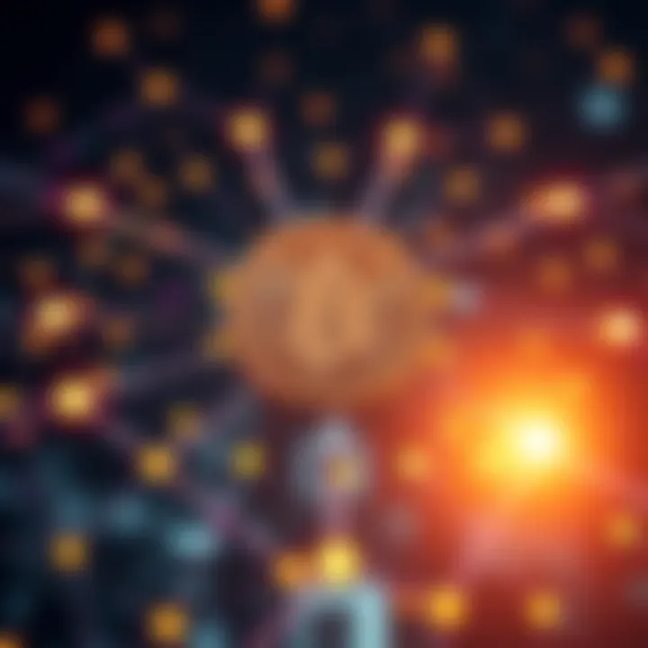 A visual representation of Bitcoin's decentralized structure featuring interconnected nodes without a central point, highlighting innovation and collaboration in cryptocurrency, with a Bitcoin symbol in the center.