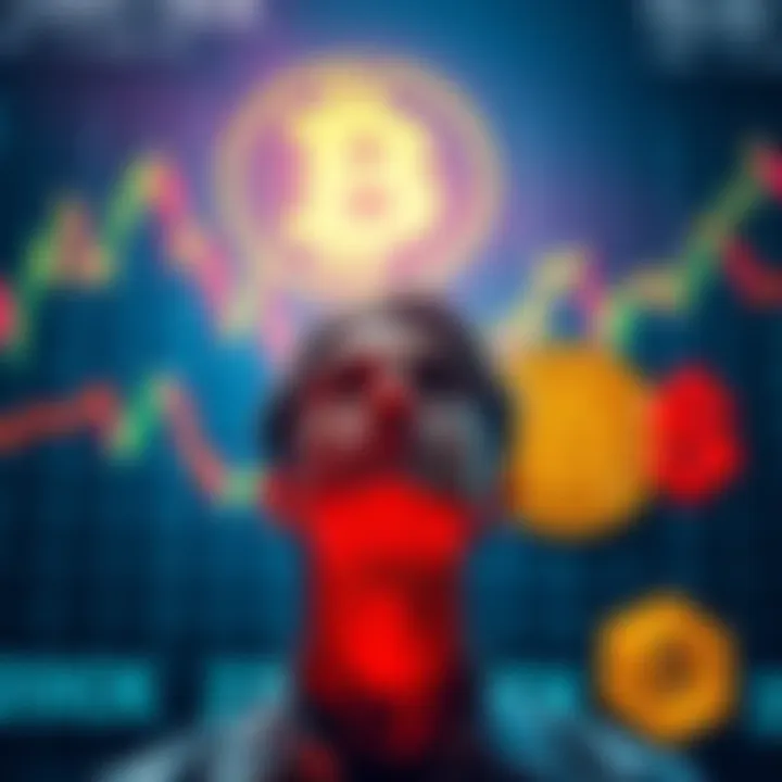 A person contemplating whether to hold or sell Bitcoin, with charts and dollar signs in the background.