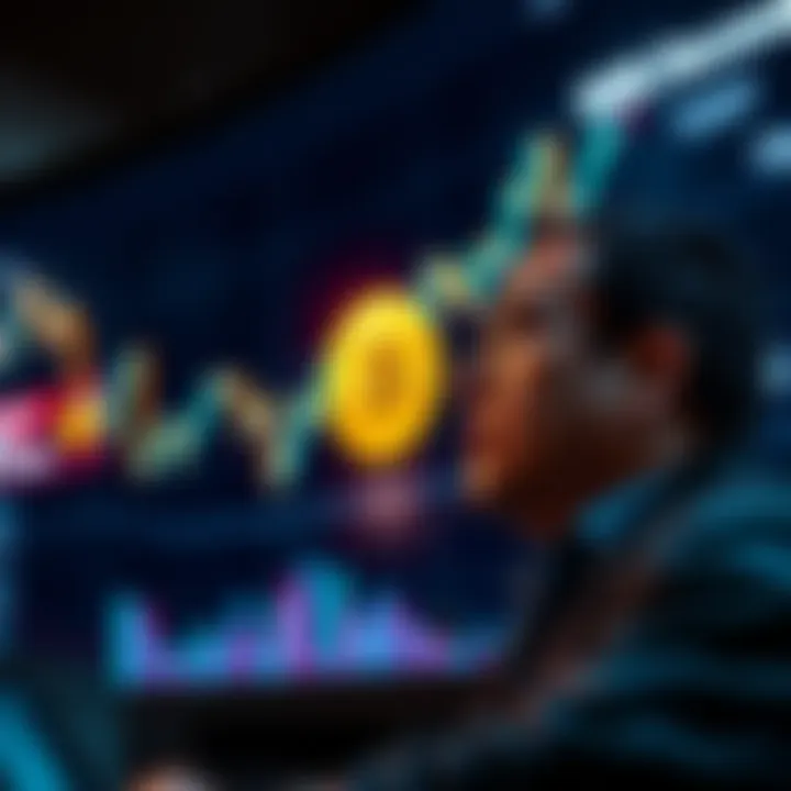 Graph showing Bitcoin's price dropping, with a worried investor looking at the screen