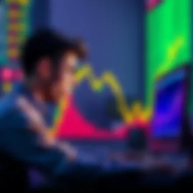 A downward trend graph showing Bitcoin's value dropping sharply with a worried investor looking at a computer screen.