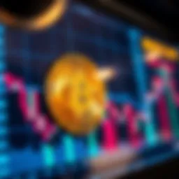 Bitcoin Coin on Digital Screen A close-up of a Bitcoin coin displayed on a digital screen showing fluctuating market trends.