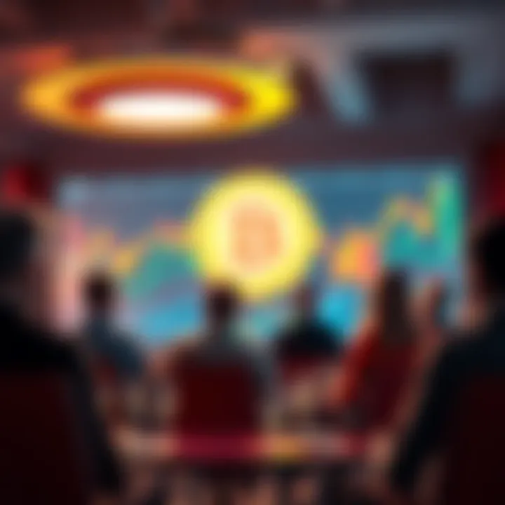 A group of people engaging in a lively discussion about Bitcoin, with charts and graphs displayed on a screen in the background.