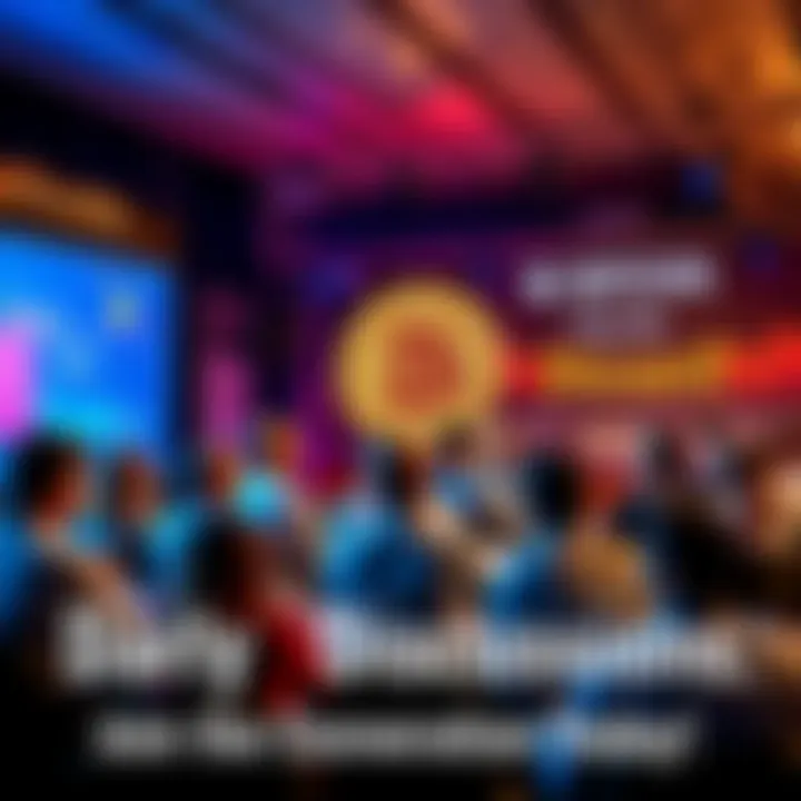 A group of people discussing Bitcoin in a forum setting with charts and graphs in the background.