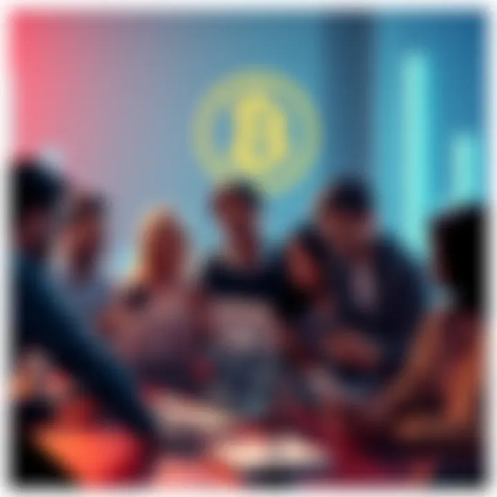 Bitcoin Discussion Group A group of people engaging in a discussion about Bitcoin with laptops and smartphones.