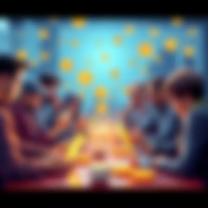 Bitcoin Discussion Illustration A group of people engaging in a lively discussion about Bitcoin, with laptops and smartphones in hand, surrounded by digital currency symbols.