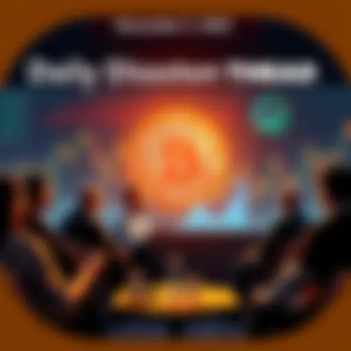 People engaged in a discussion about Bitcoin with charts and graphs in the background.