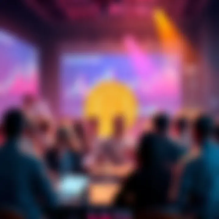 A vibrant community engaging in a lively Bitcoin discussion with charts and graphs in the background