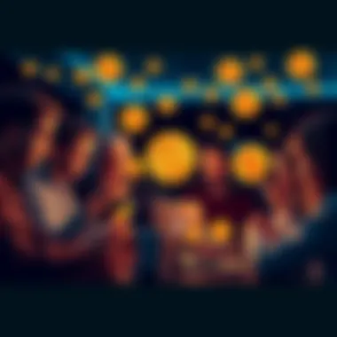 A group of people discussing Bitcoin with laptops and smartphones, surrounded by digital currency symbols.