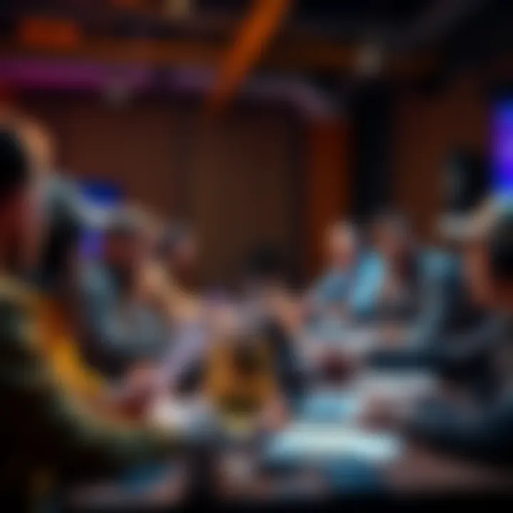 A group of people discussing Bitcoin in a forum setting with laptops and notes