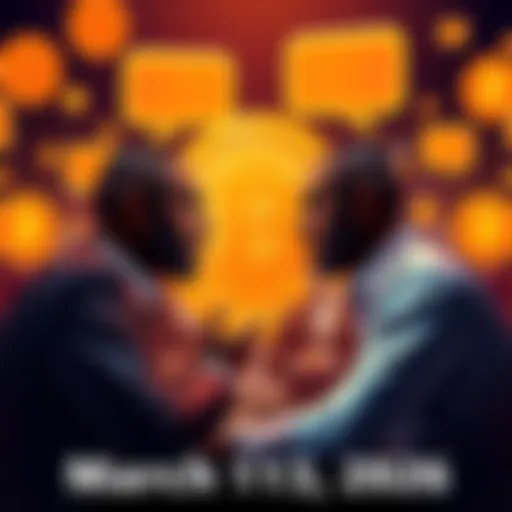 People engaging in a conversation about Bitcoin with chat bubbles and a Bitcoin logo in the background