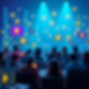 A vibrant online community engaging in Bitcoin discussions with chat bubbles and computer screens