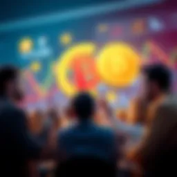 People engaging in a Bitcoin discussion with charts and coins in the background