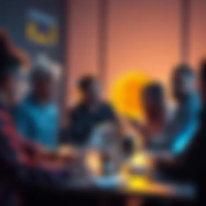 A group of people discussing Bitcoin with laptops and smartphones, sharing ideas and insights about cryptocurrency.