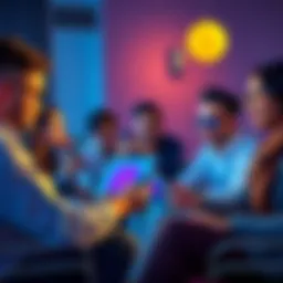 Bitcoin discussion thread A group of people engaging in a conversation about Bitcoin with laptops and smartphones