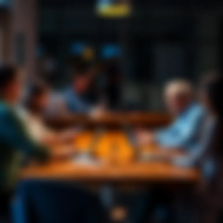 A group of people discussing Bitcoin at a table with laptops and smartphones