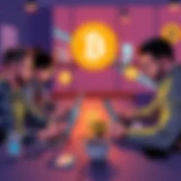 Bitcoin discussion A group of people discussing Bitcoin with laptops and coffee