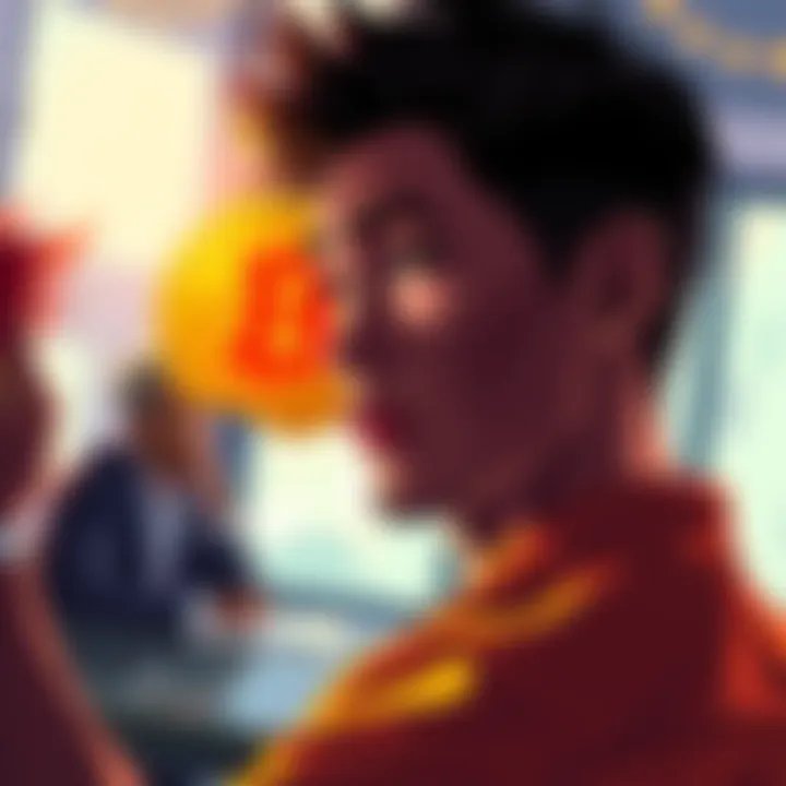 A person looking thoughtfully at a Bitcoin symbol while considering different opinions in a group discussion.