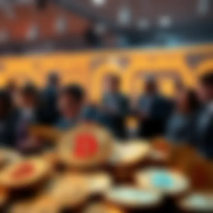 Bitcoin coins with various people discussing A group of people engaging in conversation about Bitcoin with gold coins in the foreground