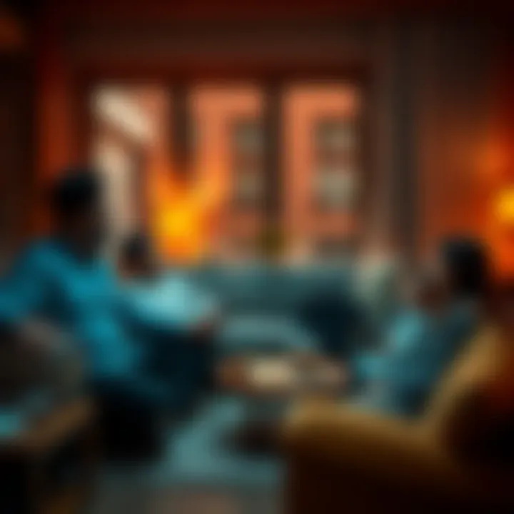 A family discussing Bitcoin in a cozy living room, symbolizing economic sovereignty and wealth preservation.