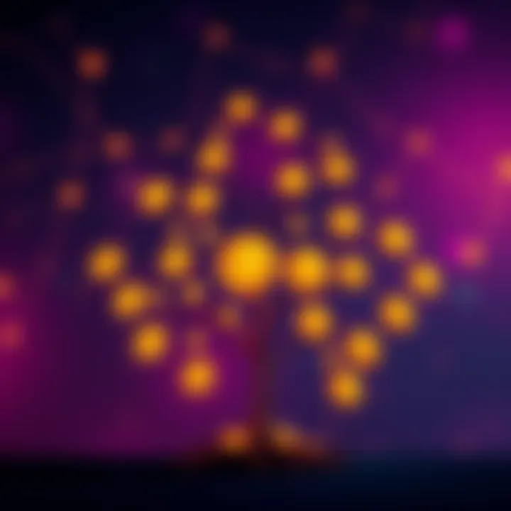 A digital representation of Bitcoin symbols alongside a family tree, illustrating the concept of passing digital assets through blockchain after death.