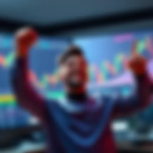 A person celebrating a profit from trading the iShares Bitcoin ETF, showing charts and a calculator in the background.