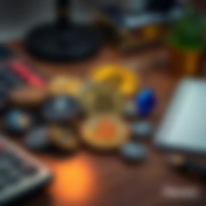 A pile of Bitcoin and Ethereum coins on a wooden desk with a calculator and notepad nearby