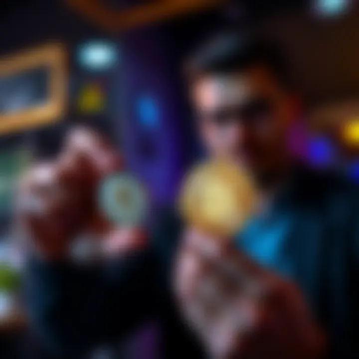 A person showing a Bitcoin and an Ethereum coin while discussing investment strategies with a friend.