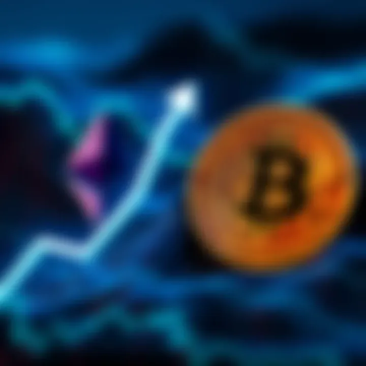 Bitcoin rises while Ethereum struggles Bitcoin logo with upward arrow next to Ethereum logo showing a decline