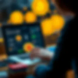 A person comparing Bitcoin and Ethereum wallet options on a laptop with cryptocurrency symbols in the background.