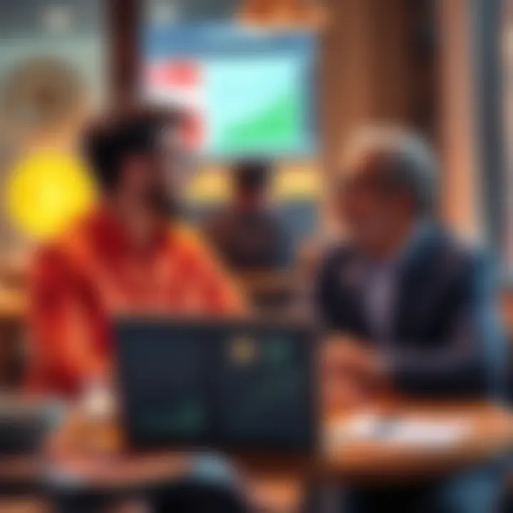 A Bitcoin evangelist passionately discussing cryptocurrency with a skeptic at a café table, showcasing charts and graphs on a laptop