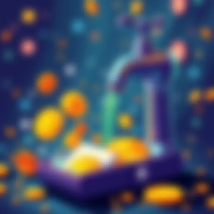 An illustration showing a digital faucet pouring Bitcoin icons into a wallet, symbolizing instant transactions without ads or tracking.